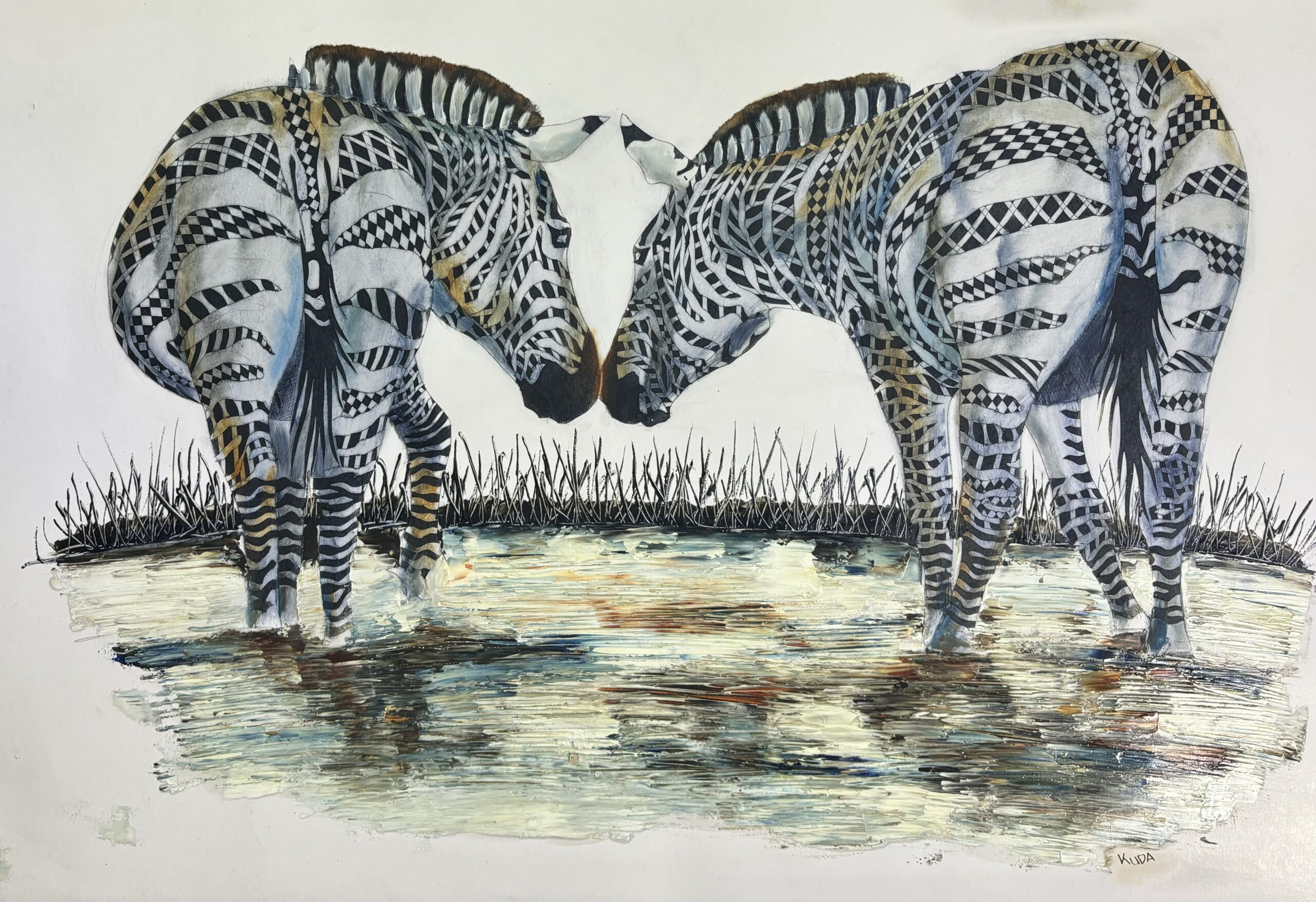 Two Zebras Drinking
